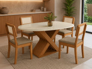MESA GRAVIOLA VIDRO ORGANICO + 4 CAD GARDENIA CANELA/L.AREIA