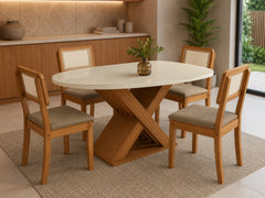 MESA GRAVIOLA VIDRO ORGANICO + 4 CAD GARDENIA CANELA/L.AREIA