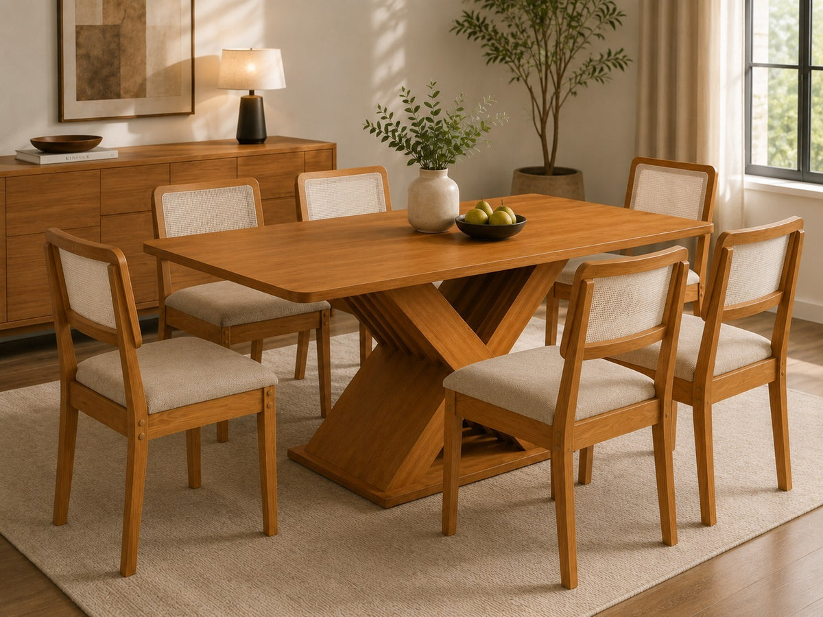 MESA GRAVIOLA RETANGULAR + 6 CAD GARDENI CANELATO / LINHO AREIA