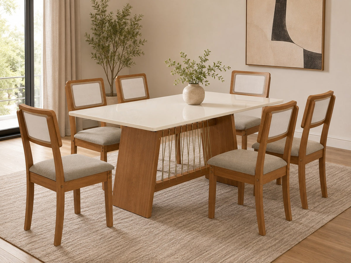 MESA DAMIANA RETANGULAR VIDRO + 6 CAD GARDENIA CANELA/L.AREIA