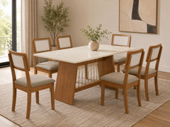 MESA DAMIANA RETANGULAR VIDRO + 6 CAD GARDENIA CANELA/L.AREIA