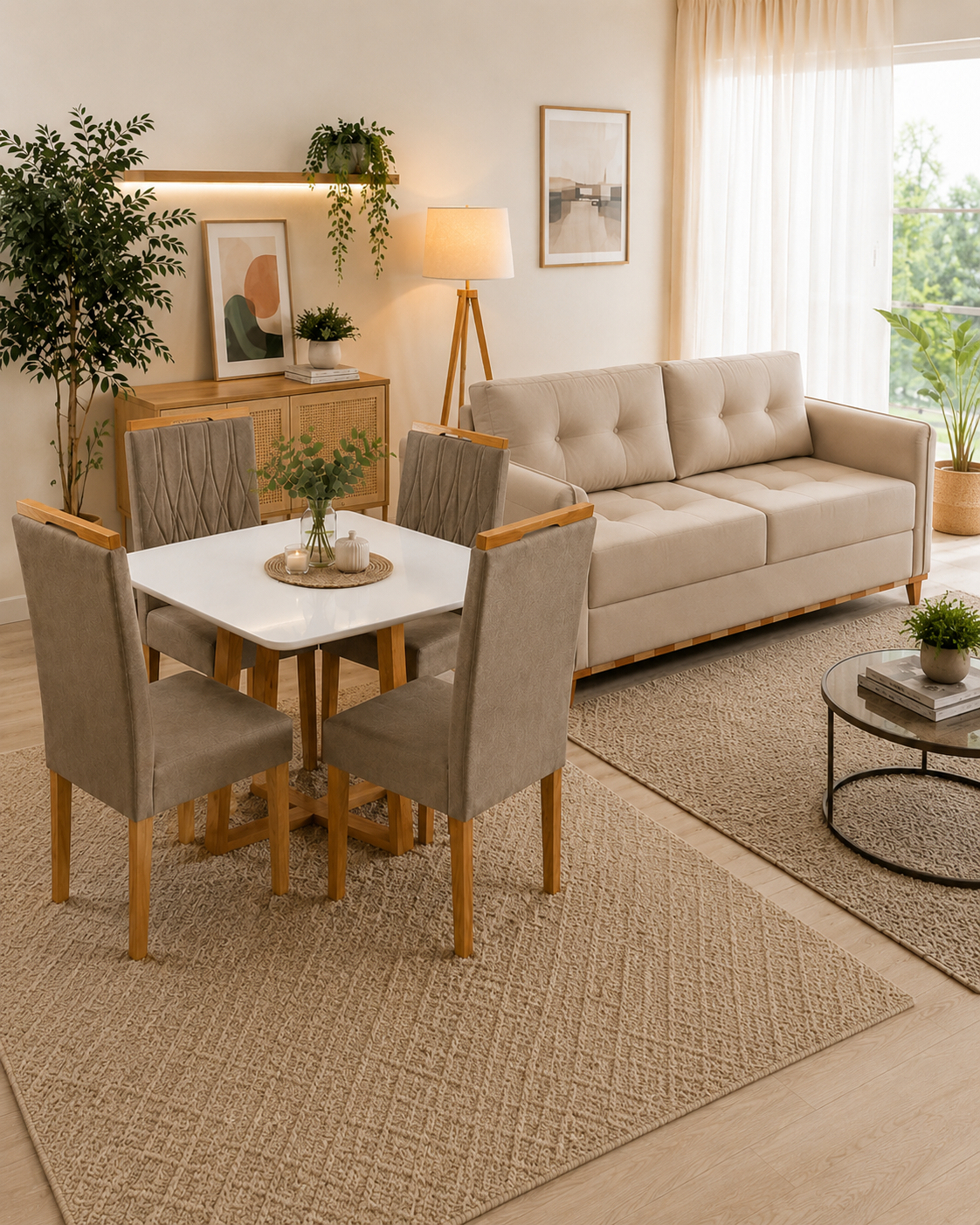 COMBO: MESA BALI VIDRO C/4 CAD MAIA + SOFA PORTO SEGURO