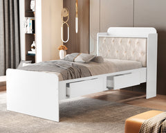 Cama Solteiro Tamiris Baú com Capitonê Bege