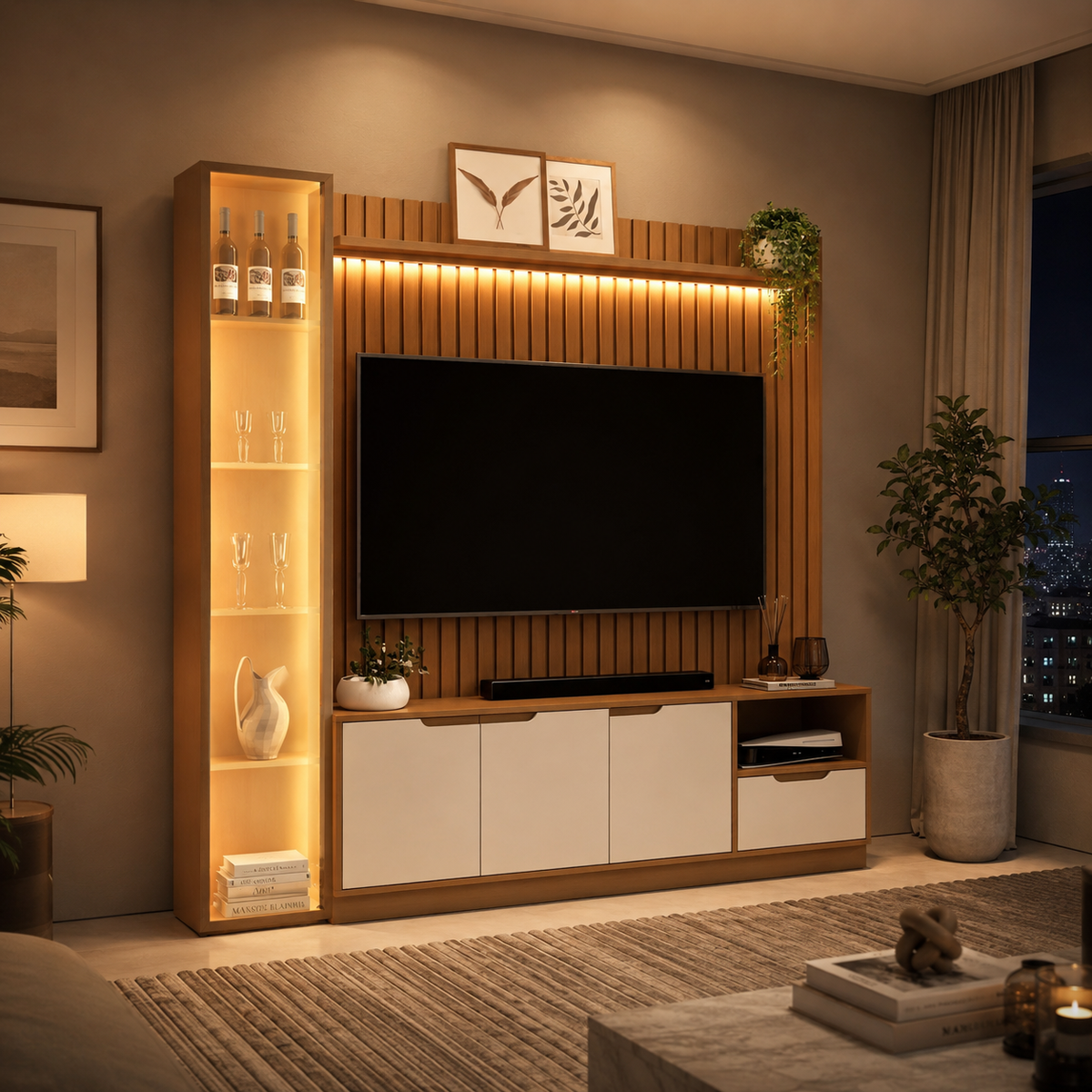 HOME MODULAR JB PAINEL RIPADO | TORRE | PRATELEIRA LED | BANCADA TUCUMÃ