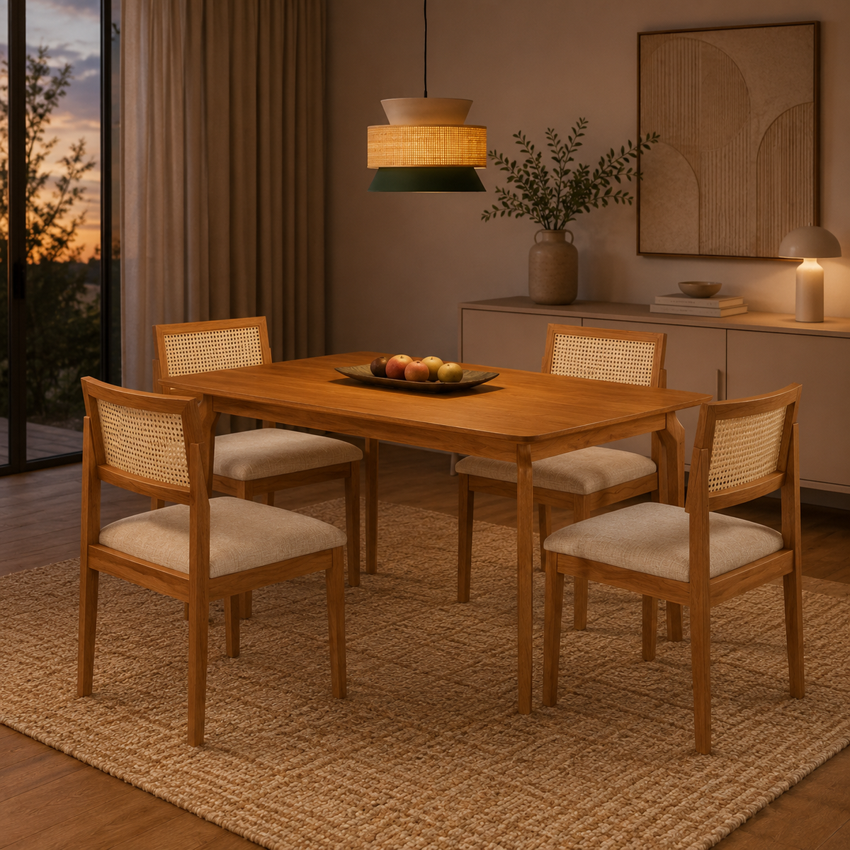 MESA ALEGRA 1.20X0.80 + 4 CD SANTORINI LINHO CRU