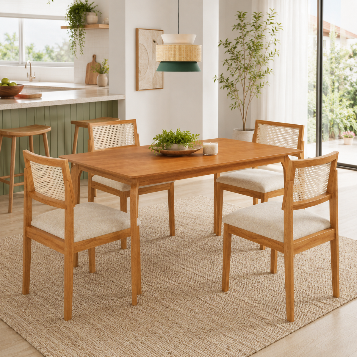 MESA ALEGRA 1.20X0.80 + 4 CD SANTORINI LINHO CRU