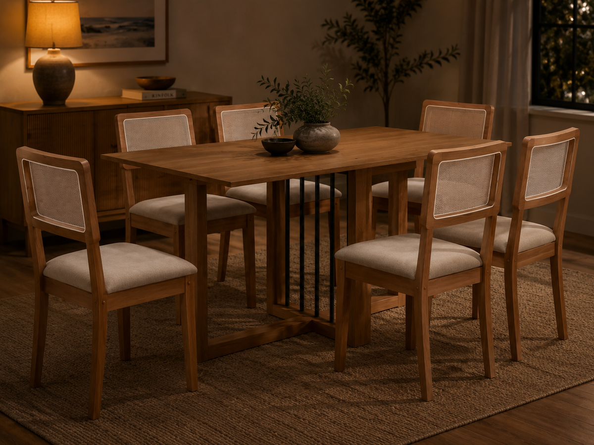 MESA ANTONELA RETANGULAR + 6 CAD GARDENI CANELA/L.AREIRA