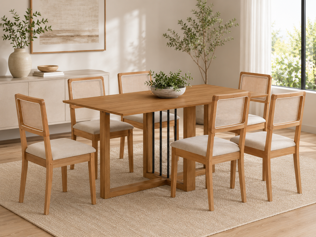 MESA ANTONELA RETANGULAR + 6 CAD GARDENI CANELA/L.AREIRA
