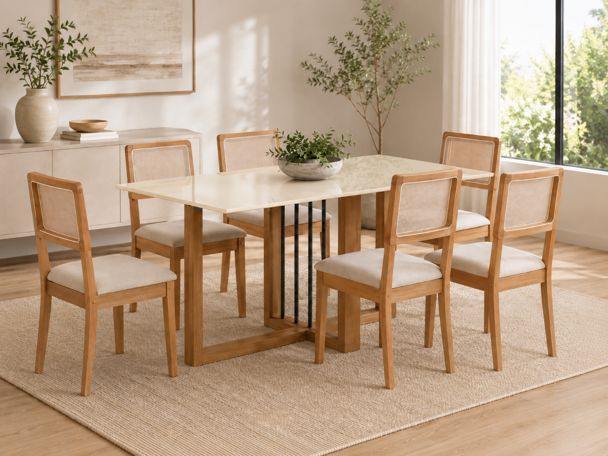 MESA ANTONELA RETANGULAR + 6 CADEIRAS GARDENIA CANELA / L.AREIA