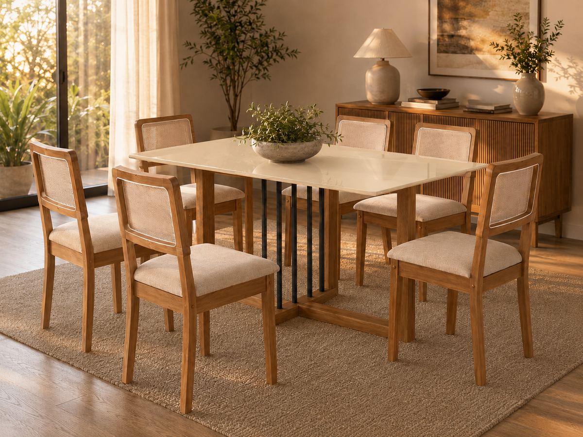 MESA ANTONELA RETANGULAR + 6 CADEIRAS GARDENIA CANELA / L.AREIA