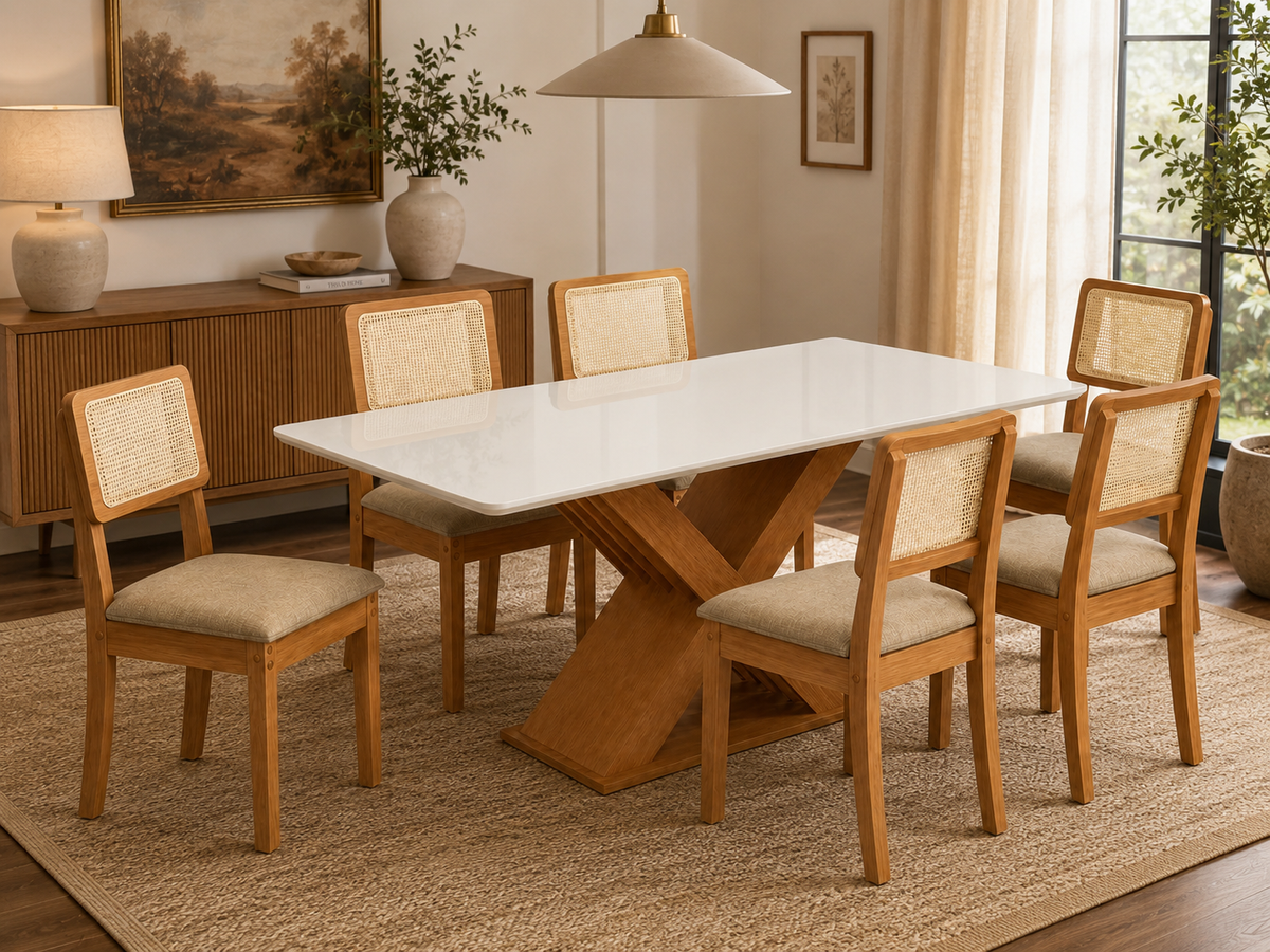 MESA GRAVIOLA + 6 CADEIRAS GARDENIA CANELA/L. AREIA