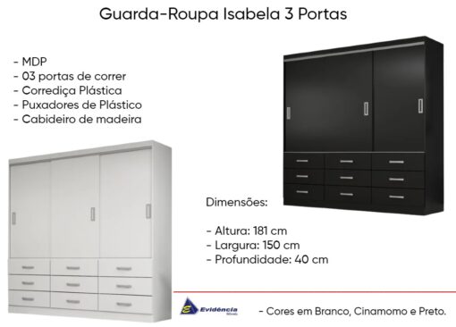 Guarda Roupa Casal 3 Portas 9 Gavetas-Isabela