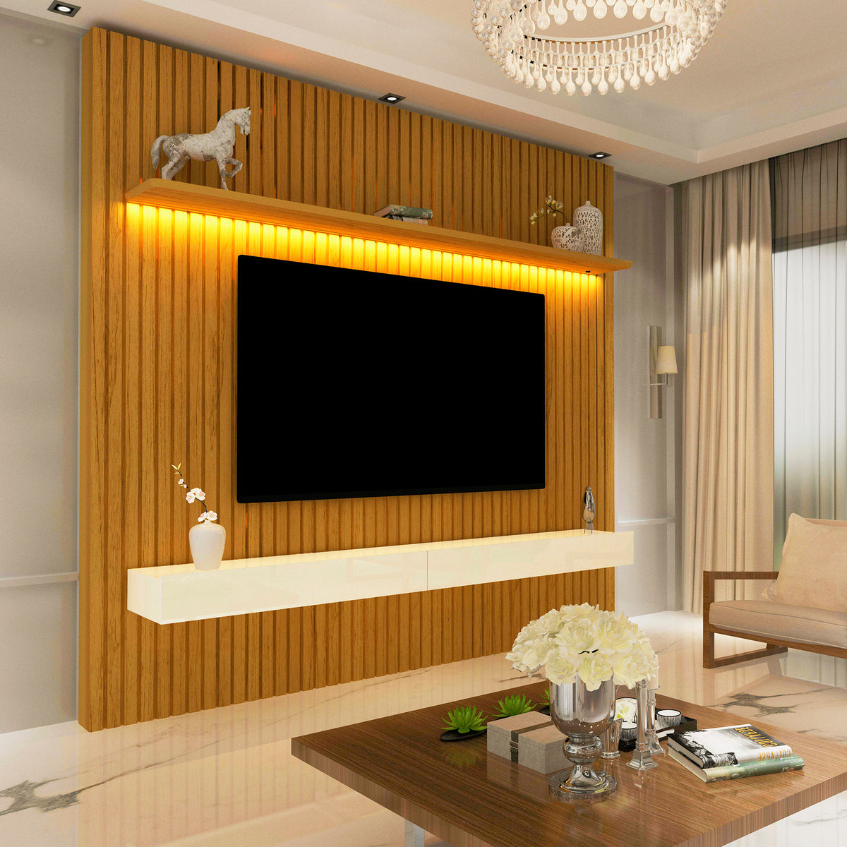 Painel Nobre Ripado 185 C/Led Naturale + Nicho Nobre 157 2 gavetas Off/ White