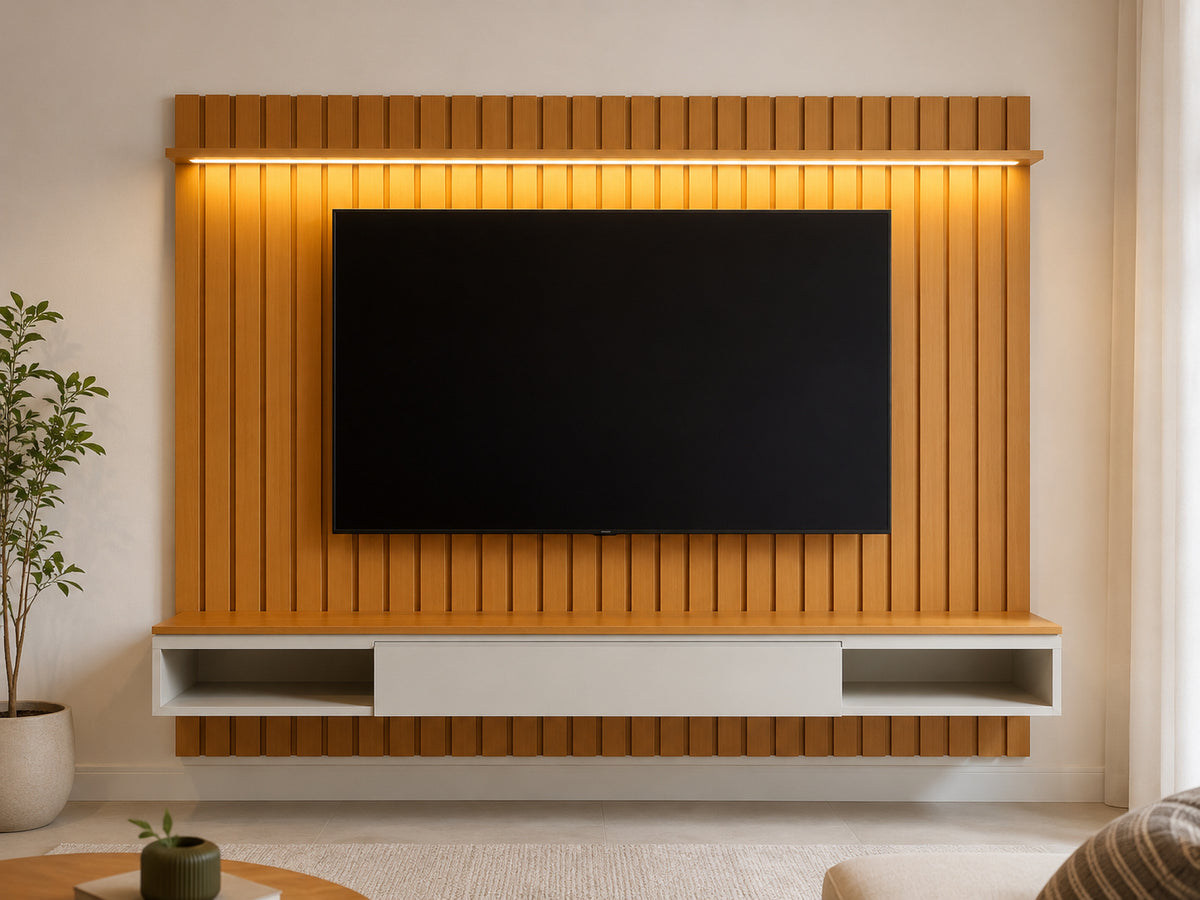 PAINEL RIPADO SLIM MODULAR + NICHO UNIVERSAL + PRATELEIRA COM LED