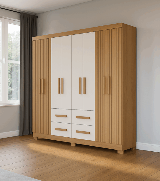 Guarda Roupa 8 Portas e 4 Gavetas Itapema | Canela Rústico 3D/Canelato Natura