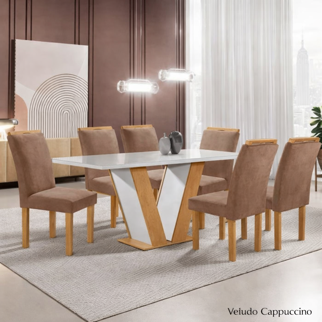 MESA QATAR 1.60X80 + 6 CAD LONDRES VELUDO CAPPUCCINO (168)